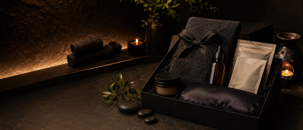 Premium post-event wellness pack with towel, oils and relaxation products