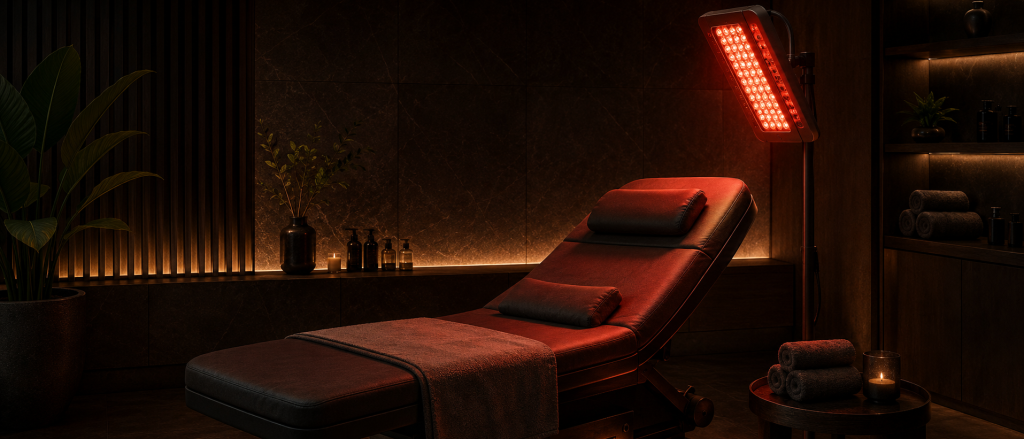 Premium red light therapy room with warm restorative lighting