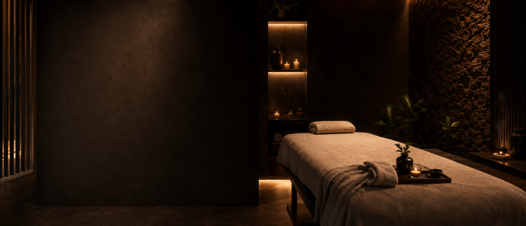 Dark luxury treatment room with candles and warm textural walls